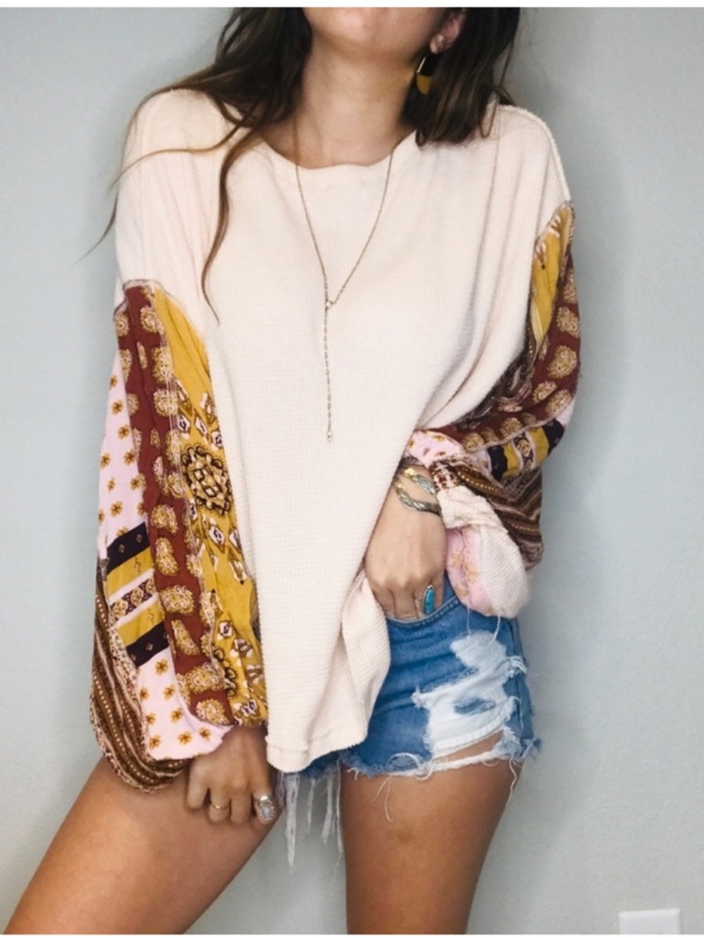 Free People Blossom Thermal Mixed Media Top Cream Small